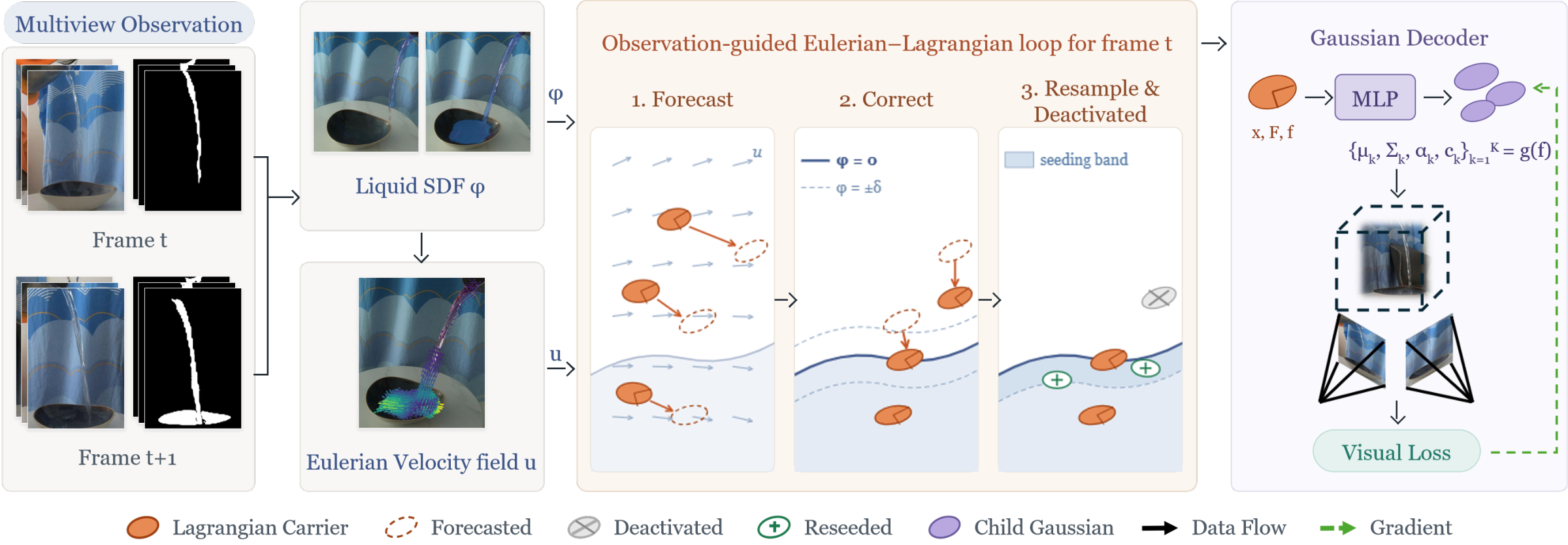 Pipeline: multi-view masks of frames t and t+1 are fused into a liquid SDF and an Eulerian velocity field; an observation-guided loop forecasts Lagrangian carriers along the flow, corrects them against the SDF and resamples the seeding band; a Gaussian decoder turns each carrier into child Gaussians that are rendered and trained with a visual loss.